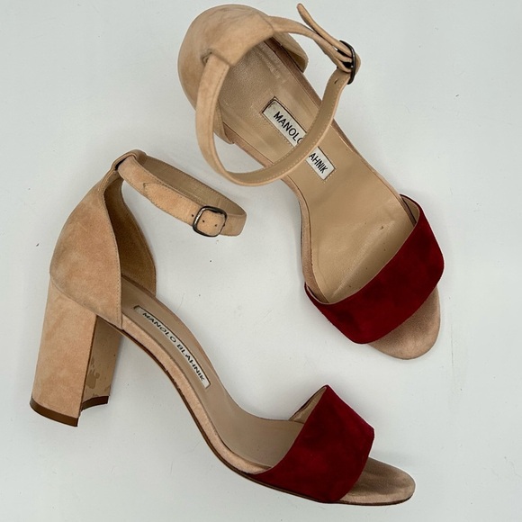 Manolo Blahnik Sz 38 Red and Tan Heels Lauratomod Velukid Block Sandals NO BOX - Picture 6 of 13